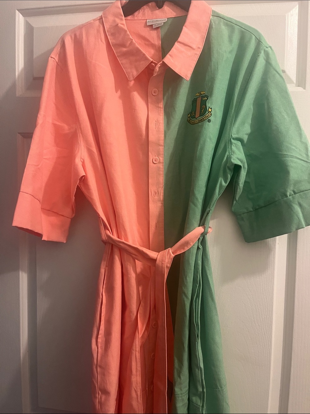 Two-Tone Pink and Green Shirt Dress with Self Tie